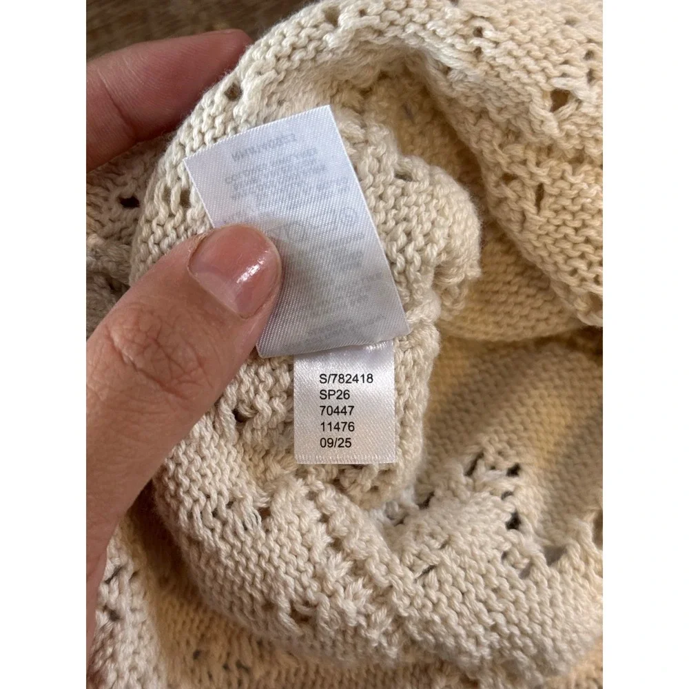 LOFT Cream Cotton Tiered Ruffle Pointelle Sweater Lace Boho L Cottagecore Earthy